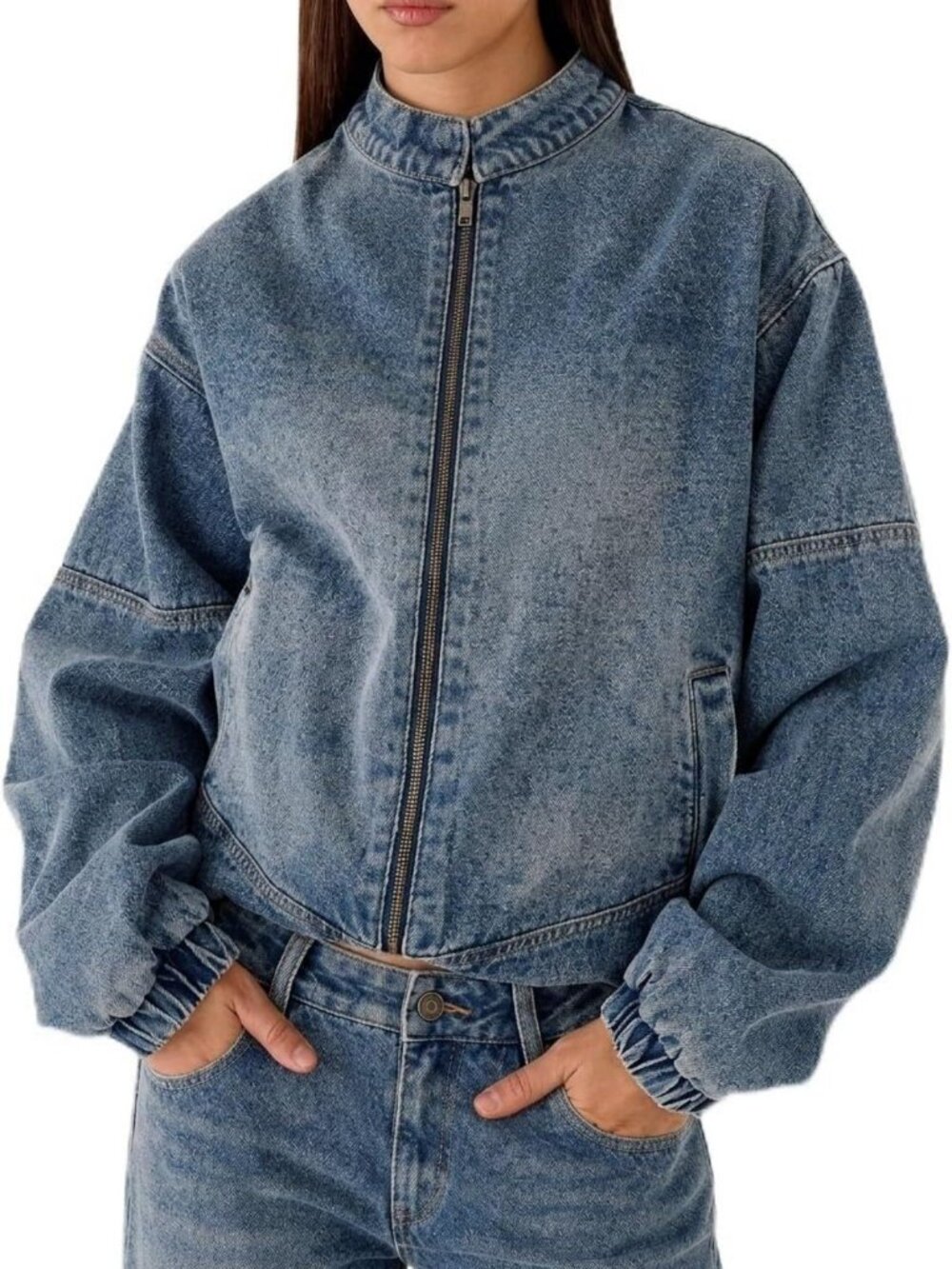 Oversized Mid Wash Blue Denim Bomber Jacket for Women - Zip Closure, Casual